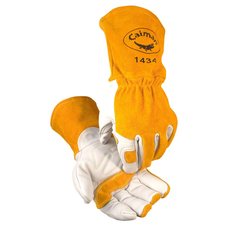 Caiman Premium Cow Grain MIG/Stick Welding Gloves, Cotton/Fleece Insulation, Kontour Design, White/Gold, Large (1434-5) - Image 1